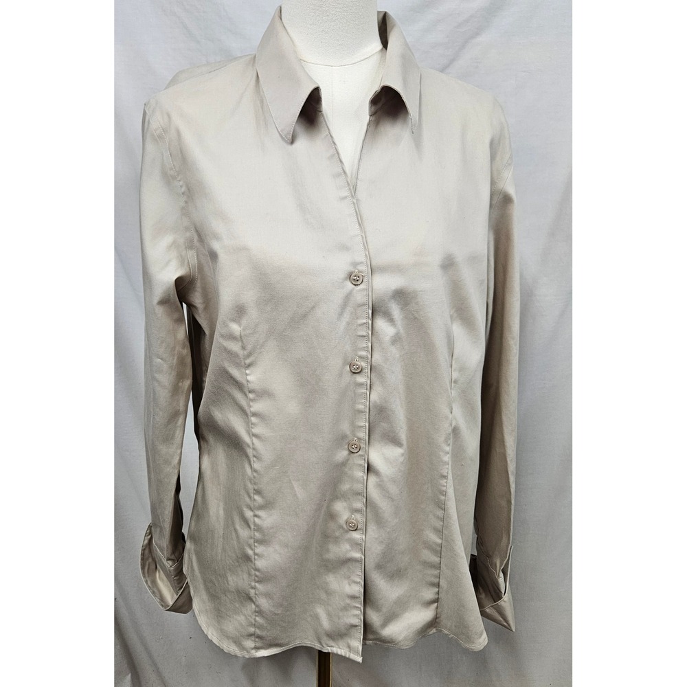 Calvin Klein Womens Non Iron Cotton Button Down Shirt Beige Tan Size 16